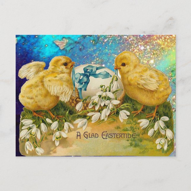 CHICKENS, SNOWDROPS AND EASTER EGG WITH BLUE BOW HOLIDAY POSTCARD (Front)