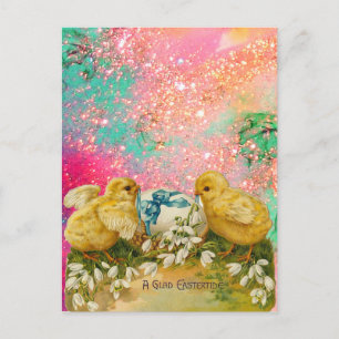 CHICKENS, SNOWDROPS AND EASTER EGG WITH BLUE BOW HOLIDAY POSTCARD