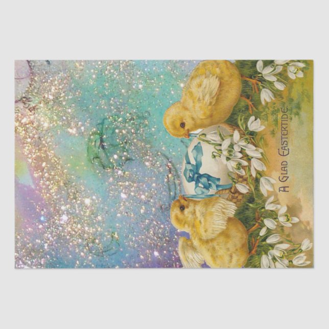 CHICKENS, SNOWDROPS AND EASTER EGG WITH BLUE BOW TISSUE PAPER (Front)