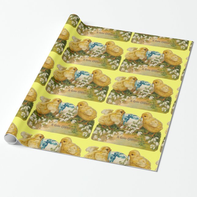 CHICKENS, SNOWDROPS AND EASTER EGG WITH BLUE BOW WRAPPING PAPER (Unrolled)