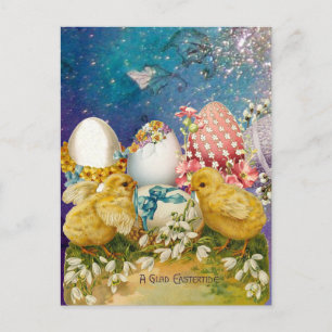 CHICKENS, SNOWDROPS AND EASTER EGGS WITH BLUE BOW HOLIDAY POSTCARD