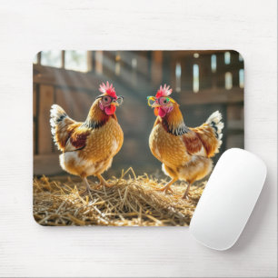 Chickens Wearing Eyeglasses In a Sunny Barn Mouse Pad