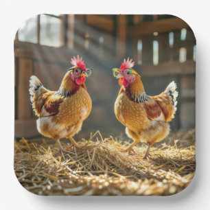 Chickens Wearing Eyeglasses In a Sunny Barn Paper Plate