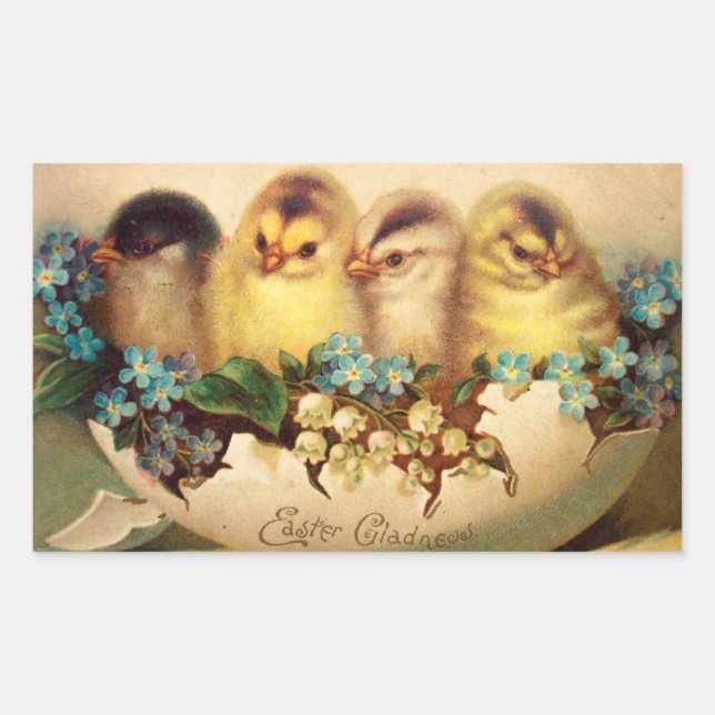 CHICKENS WITH BLUE WHITE FLOWERS IN EASTER EGG STICKER (Front)