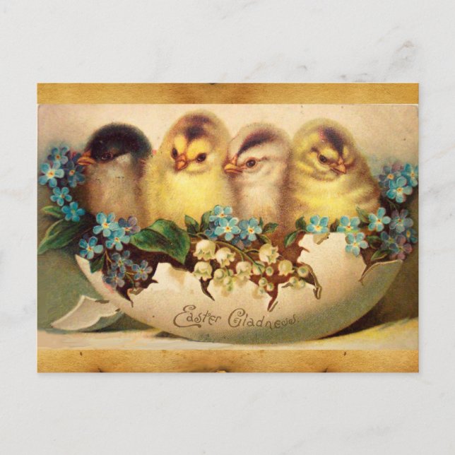CHICKENS WITH FLOWERS  IN EASTER EGG PARCHMENT HOLIDAY POSTCARD (Front)