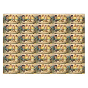 CHICKENS WITH FLOWERS  IN EASTER EGG TABLECLOTH
