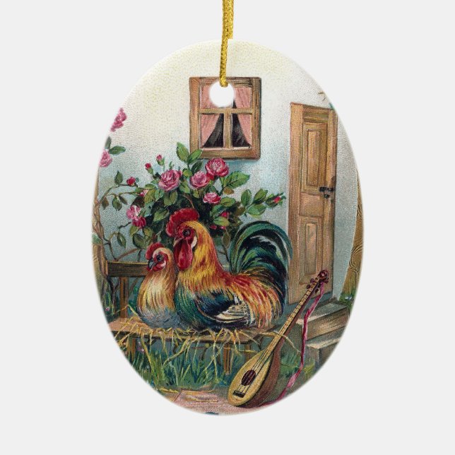 Chickens With Lute and Egg House Ceramic Ornament (Front)