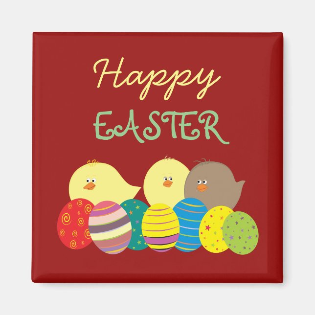 Chicks and Eggs Cute Cartoon Red Happy Easter Magnet (Front)