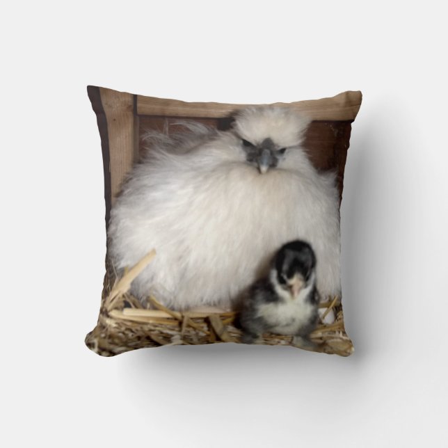 Chicks and Mother Silkie Chicken Throw Pillow (Front)