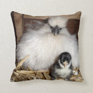 Chicks and Mother Silkie Chicken Throw Pillow