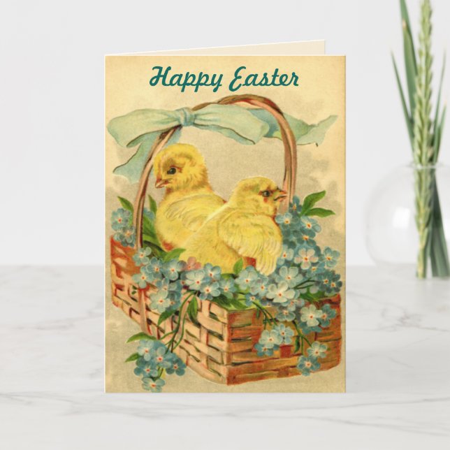 Chicks in a Basket Vintage Easter Greeting Card (Front)