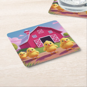 Chicks in Barnyard Happy Spring Square Paper Coaster