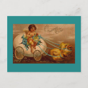 CHICKS PULLING EGG WAGON FANTASY EASTER POSTCARD