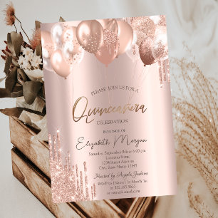  ChicRose Gold Glitter Drips Balloons Quinceañera Invitation
