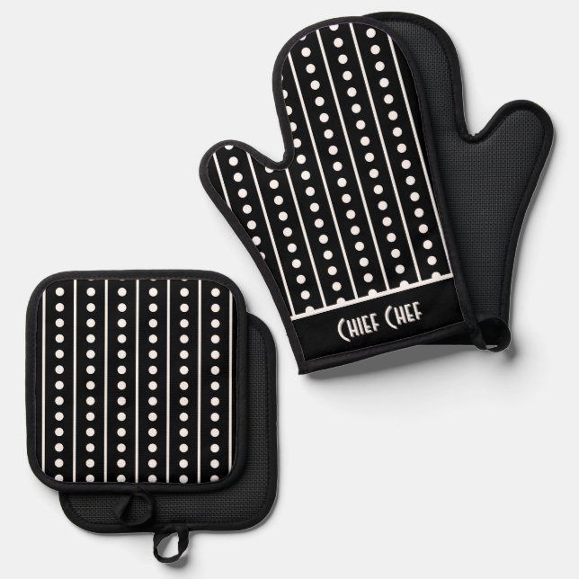 Chief chef Polka Dots Stripes  Oven Mitt & Pot Holder Set (Front/Back)