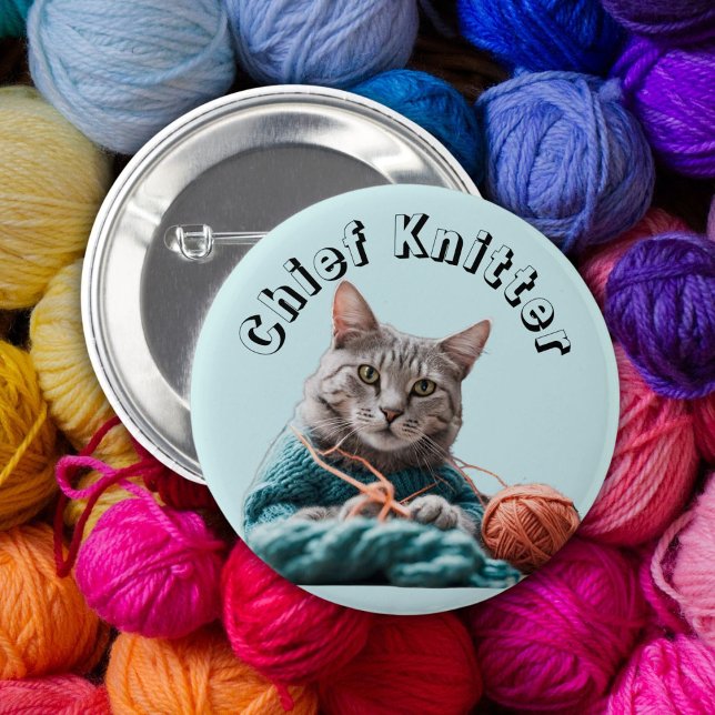 Chief knitter knitting cat wool sewing 2 inch round button (Creator Uploaded)