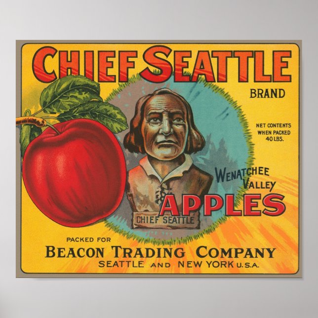 Chief Seattle Brand Apples Vintage Crate Label Poster (Front)