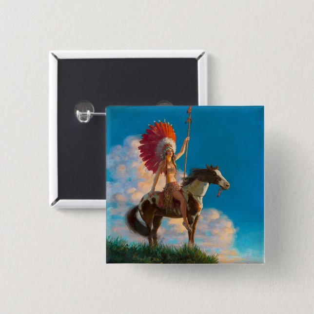 Chieftess Female Native American Indian Chief 2 Inch Square Button (Front & Back)