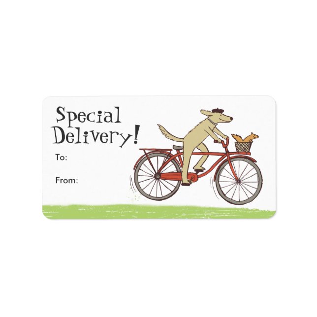 Chien à vélo avec écureuil ami Étiquettes cadeaux (Devant)