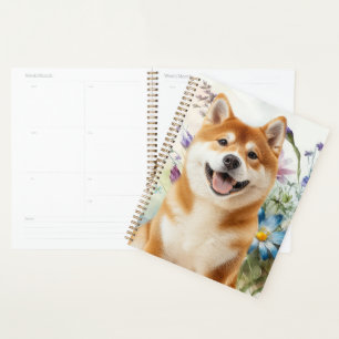 Chien Akita Shiba Inu avec fleurs aquarelles bleue