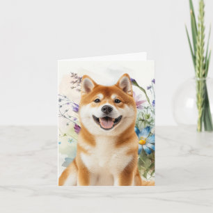 Chien Akita Shiba Inu avec Fleurs Aquarelles Bleue