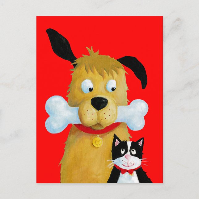 Chien avec os et chat - Carte postale amusante (Devant)
