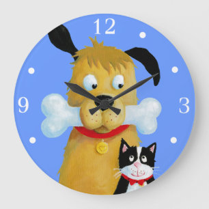 Chien avec os et chat - Horloge murale