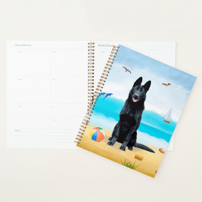 Chien berger allemand noir sur la plage (Devant avec enveloppe)