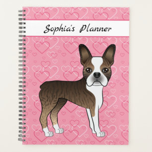 Chien Boston Terrier Bringé sur cœurs roses et tex
