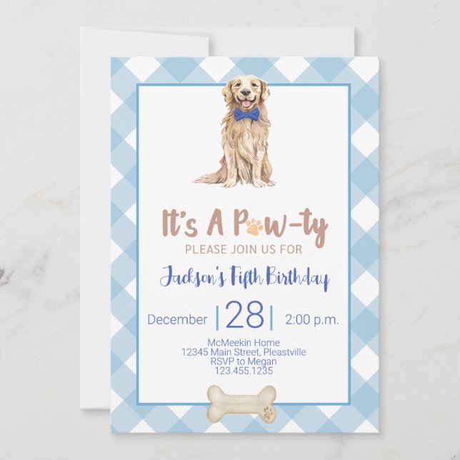 Chien Chiot Anniversaire Fête Invitation En vichy  (Devant)