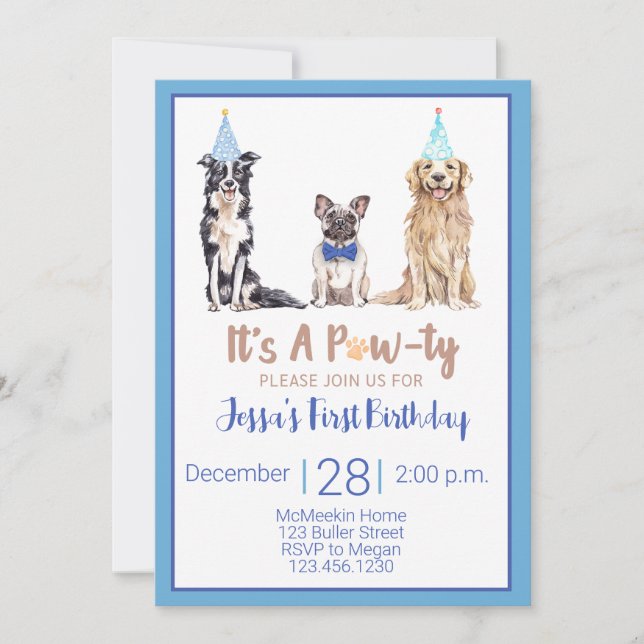 Chien chiot Anniversaire Invitation Bleu Animal Pa (Devant)