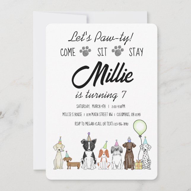 Chien chiot fille Anniversaire Pawty Invitation (Devant)