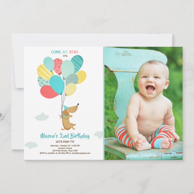Chien chiot Invitation Anniversaire Ballons Garçon (Devant)