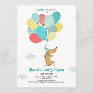Chien chiot Invitation Anniversaire Ballons Garçon