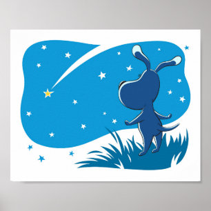 Chien Chiot Tirant Star Night Blue Sky Poster