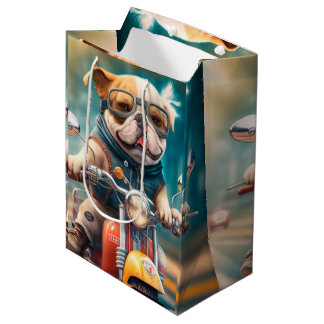 Chien cool conduisant un sac cadeau de moto