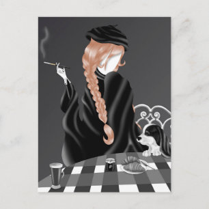Chien & Dame au café Brunette Hair Carte postale