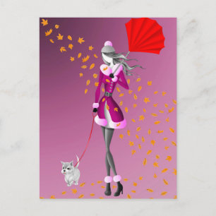 Chien & Dame Feuilles d'automne Carte postale rose