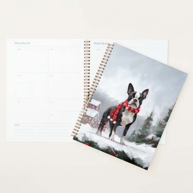 Chien de Boston Terrier pendant Noël de neige (Devant avec enveloppe)