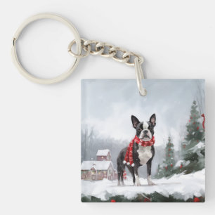 Chien de Boston Terrier pendant Noël de neige