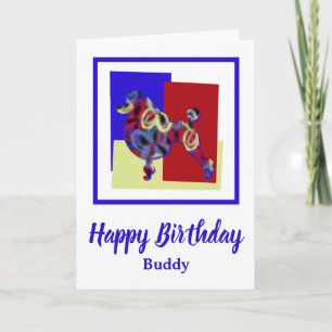Chien de caniche Rouge Bleu Jaune Carte d'annivers