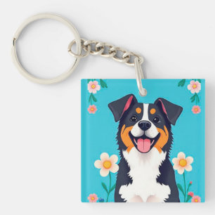 Chien de dessin animé entouré de fleurs