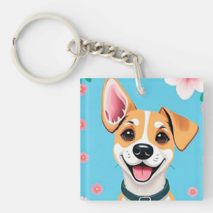 Chien de dessin animé souriant entouré de fleurs