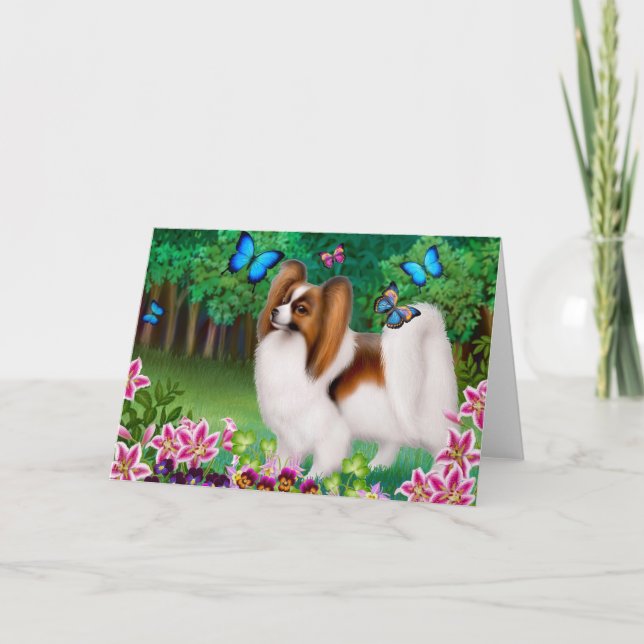 Chien de Papillon dans la carte de voeux de jardin (Devant)