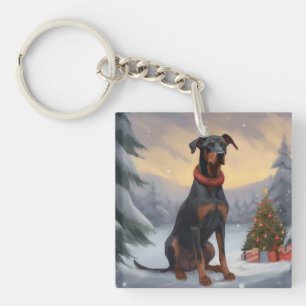Chien Doberman dans la neige de Noël