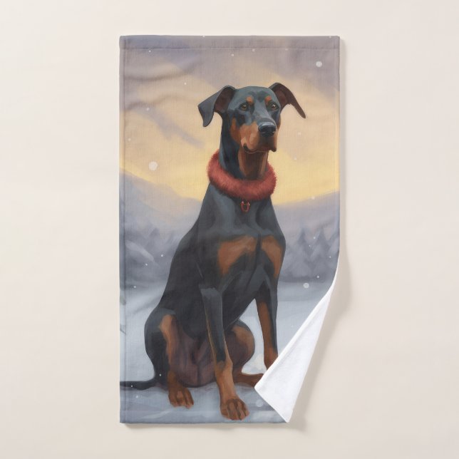 Chien Doberman pendant Noël de neige (Serviette à main)