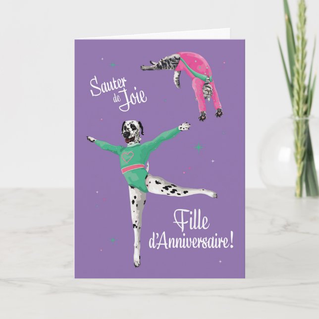 Chien et chat gymnaste sautent anniversaire  card (Front)