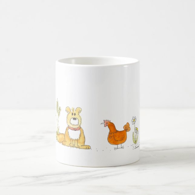 Chien hirsute et tasse rouge de poule (Centre)