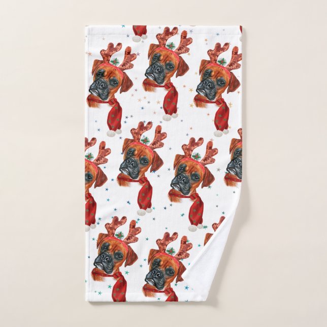 Chien mignon de boxe avec rennes Antlers Noël (Serviette à main)