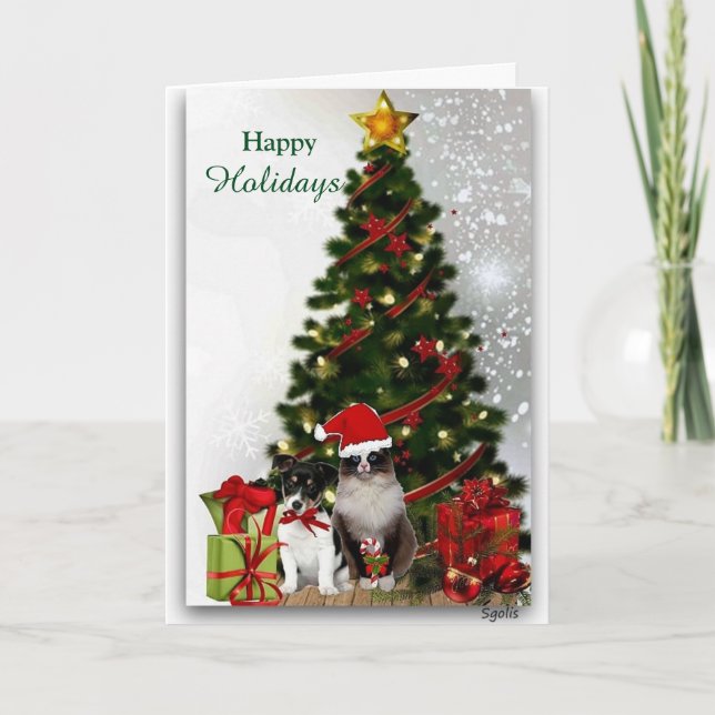 Chien mignon et chat avec la carte de voeux de Noë (Devant)